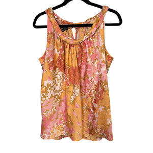TALBOTS Size 12 Orange and Pink Twist Collar Floral Sleeveless Blouse